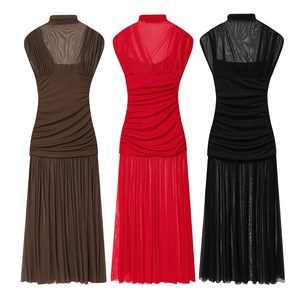 Elegant sleeveless mesh patchwork midi dress in brown, red, and black with pleated waist