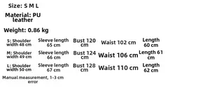 Detailed size chart for the PU leather bomber jacket including S, M, and L measurements