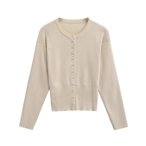 Beige round neck knit cardigan with long sleeves and button-down front on white background