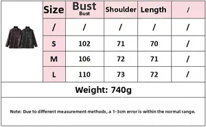 Detailed size chart for double-breasted leather jacket with S, M, and L dimensions