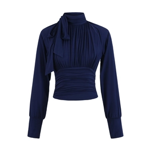 Elegant navy blue long sleeve blouse with bow necktie and pleated waist design