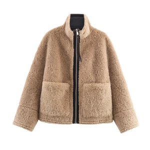 Giacca da Donna in Montone Sintetico Collo in Piedi Cappotto in Pile Caldo Largo Streetwear Inverno Cerniera con Grandi Tasche