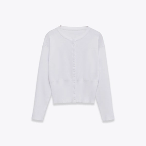 Women's white long sleeve crewneck button-down knit cardigan sweater with ribbed cuffs
