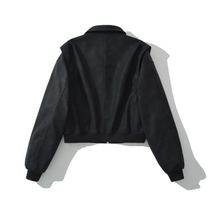 Rear view of black faux leather bomber jacket with ribbed cuffs and structured hemline