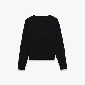 Classic round neck long sleeve single-breasted black knit cardigan for women