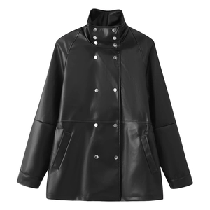 Detailed view of black double-breasted leather jacket with silver metal buttons and stand collar