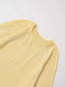 Detail of light yellow knit sweater showing ribbed crew neck and raglan sleeve texture