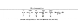 Detailed size chart for women ribbed hem zip-up puffer jacket showing measurements in cm