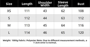 Detailed size chart for winter faux fur coat with length and chest measurements in cm