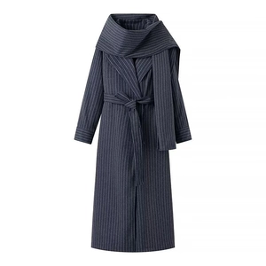 Trench-Coat Long À Rayures Pour Femmes Et Écharpe Et Ceinture Polyester Élégant Décontracté À Revers
