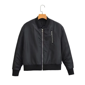 Women Casual Solid Black Bomber Jacket Ribbed Hem Stand Collar Zipper Windproof Loose Outerwear Jacket Top