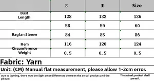Size chart for winter street fashion jacquard sweater showing bust, length and sleeve metrics