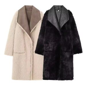 Detail of premium faux fur texture and wide lapels on long-sleeved winter coats