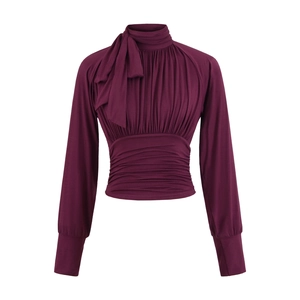 Elegant deep burgundy long sleeve shirt with bow tie neckline and ruched waist design