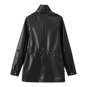 Back view of slim fit black faux leather jacket with stand collar and waist stitching