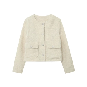 Veste Courte Élégante en Imitation Laine d'Agneau pour Femme Blanc Lait Bouclé Col Rond Bouton Strass Manteau Automne