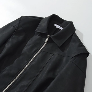 Classic black faux leather bomber jacket with lapel collar and silver metal zipper