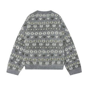 Women Nordic Fair Isle Knit Sweater Vintage Grey Jacquard Snowflake Heart Pattern Crew Neck Long Sleeve Fuzzy Warm Winter Jumper