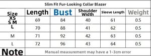 Tableau des tailles détaillé pour blazer en fausse fourrure avec mesures précises