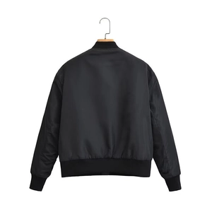 Detailed back view of a black bomber jacket featuring a ribbed hem and stand collar