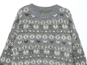 Close-up of crew neck knit sweater with Nordic snowflake patterns and mohair texture