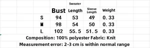 Detailed size chart for the wide sleeve knit sweater showing S, M, and L measurements