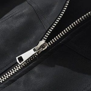 Women fashion black bomber leather jacket with silver metal zipper detail and classic lapel