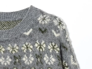 Detail of grey knitted sweater with vintage floral jacquard pattern and fuzzy texture
