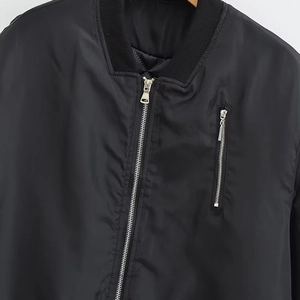 Women black bomber jacket with ribbed collar and metallic front zipper detail