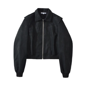 Classic black bomber jacket with lapel collar and ribbed cuffs in minimalist chic style