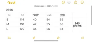 Size chart for diamond pattern long sleeve knit cardigan with bust and sleeve measurements