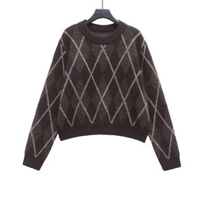 Women Vintage Argyle Knit Sweater Dark Brown Round Neck Long Sleeve Loose Pullover Warm Autumn Winter Jumpers Tops