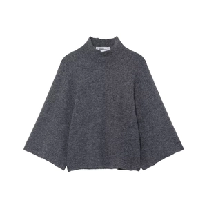 Close-up of deep gray knit sweater texture with mock neck and wide sleeve design