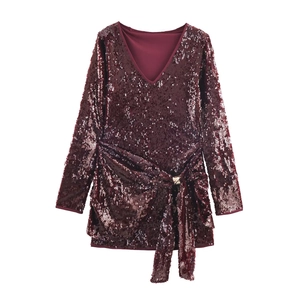 Women V-Neck Long Sleeve Midi Dress Burgundy Sequin Ruched Party Evening Gown Slim Wedding Dress With Metal Buckle