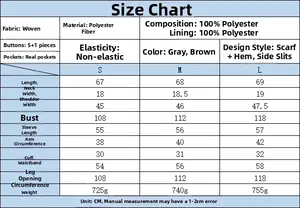 Detailed size chart and material guide for women's wool-blend scarf collar coat