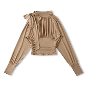 Detail of elegant beige long sleeve blouse featuring bow collar and pleated waist design