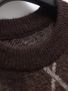 Macro shot of brown knit sweater ribbed neckline and soft mohair texture with patterns