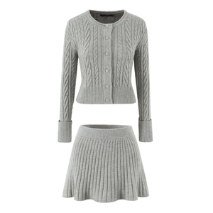 Women Cable Knit Cardigan And Pleated Skirt Set Korean Style Solid Color Long Sleeve Top And Bottom Casual Knitted Outfit