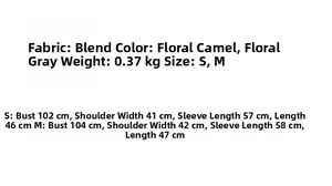 Detailed size chart for knit cardigan set showing fabric, colors, and measurements
