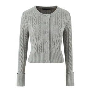 Detail of grey cable-knit cardigan with round neck and rib-cuffed sleeves