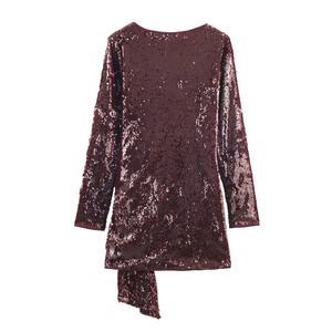 Elegant burgundy sequin long sleeve dress with asymmetrical draped hem and round neck