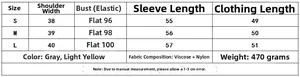 Size chart for long sleeve knit sweater with measurements for shoulder, chest, and length