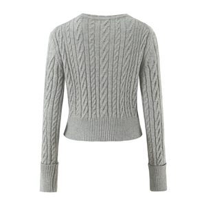 Detailed back view of a grey cable-knit cardigan featuring premium ribbed cuffs and hem