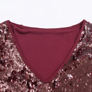 Elegant wine red V-neck sequined dress with long sleeves and shimmering detail finish