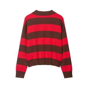 Close-up of retro striped polo knitwear back view with ribbed cuffs and hem details