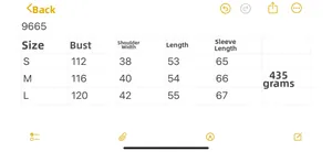 Size chart showing bust and shoulder measurements for the diamond knit cardigan jacket