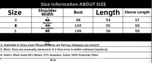 Size chart for faux fur collar knit cardigan showing S, M, L measurements and fabric details