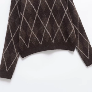Brown argyle knit sweater for women with classic grey diamond pattern and fuzzy texture