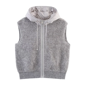 Gilet Femme Décontracté à Capuche en Laine d'Agneau Veste Sans Manches Rembourrée Avec Fermeture Éclair Chaud Automne Hiver