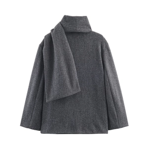 Women loose dark grey wool coat with single-breasted buttons and matching scarf collar